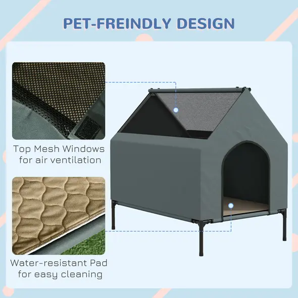 PawHut Dog House Outdoor Elevated Dog Bed with Removable Cover, Mesh Windows, Storage Bag, for S and M-Sized Dogs, Grey - 6