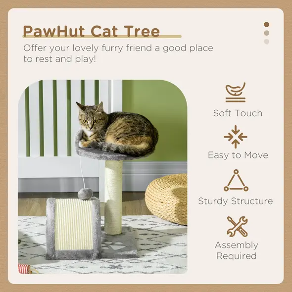 PawHut Cat Tree, Kitten Scratcher Activity Centre, with Sisal Scratching Post, Toy Ball - Grey - 4