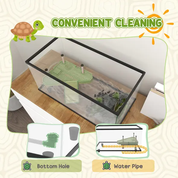 PawHut 50L Glass Turtle Tank Aquarium with Basking Platform, Easy Drainage, Strip Patch Thermometer - 5
