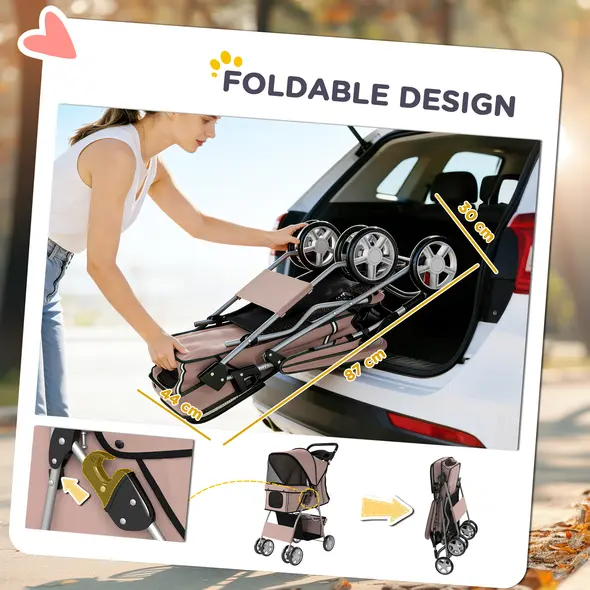 PawHut Dog Pram, Pet Stroller with Reflective Strips, Foldable Cat Stroller with 360° Swivel Wheels, Brown - 5