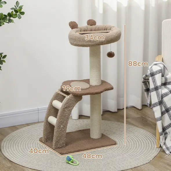 PawHut Cat Tree for Indoor Cats, 88cm Cat Tower with Sisal Scratching Post, Hanging Ball, Large Cat Perch, Stairs, Brown - 3