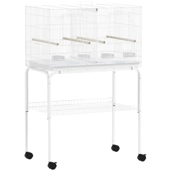 PawHut Bird Cage with Divider, 4 Wooden Perches, Slide Out Tray, 4 Feeders, for Budgie, Lovebird, Canary, 76 x 46 x 116cm White - 1