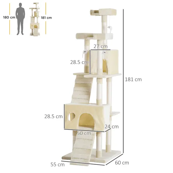 PawHut Cat Tree for Indoor Cats Play Tower Activity Center Kitten Scratch Post Climbing Tower 181 cm - 3