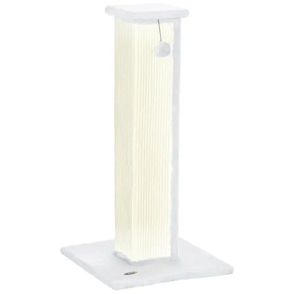 PawHut 81cm Cat Scratcher, Vertical Full Scratcher w/ Natural Sisal Rope, Hanging Ball, Soft Plush - White - 1