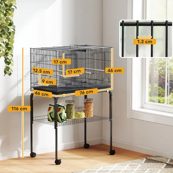 PawHut Bird Cage with Divider, 4 Wooden Perches, Slide Out Tray, 4 Feeders, for Budgie, Lovebird, Canary, 76 x 46 x 116cm Black - 3