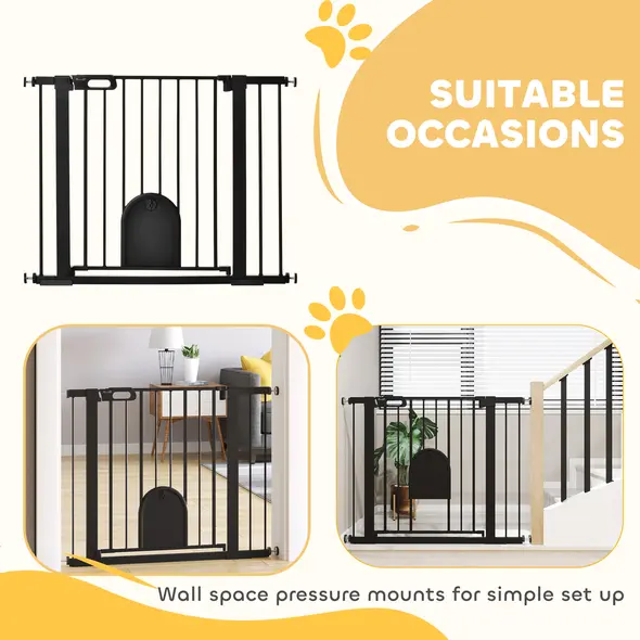 PawHut Dog Gate with Cat Flap Pet Safety Gate Barrier, Stair Pressure Fit, Auto Close, Double Locking, for Doorways, Hallways, 75-103 cm Black - 8