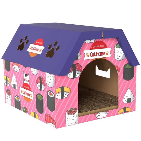 PawHut Cat Scratching Board, 2-in-1 Cardboard Cat House and Hideaway for Indoor Cats, Pink - 1