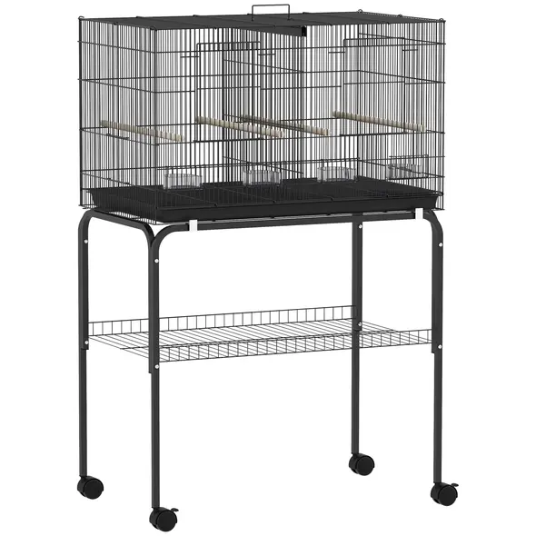 PawHut Bird Cage with Divider, 4 Wooden Perches, Slide Out Tray, 4 Feeders, for Budgie, Lovebird, Canary, 76 x 46 x 116cm Black - 1