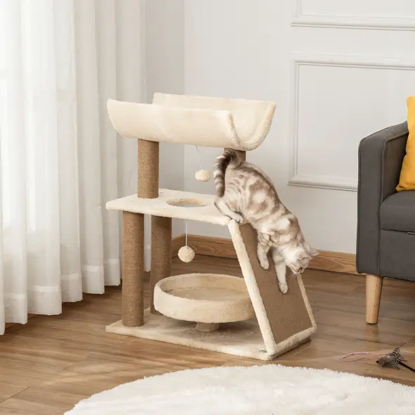 PawHut Cat Tree Tower, with Scratching Posts, Pad, Bed, Perch, Toy Ball - Light Brown - 2