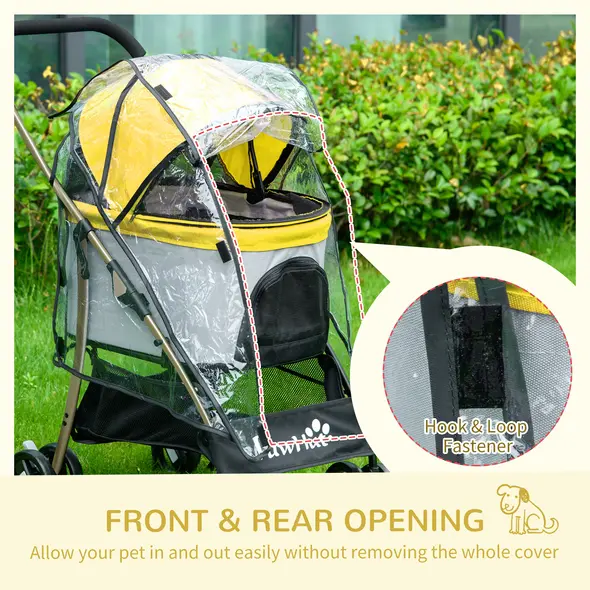 PawHut Detachable Pet Stroller with Rain Cover, 3 In 1 Cat Dog Pushchair, Foldable Carrying Bag w/ Universal Wheels, Brake, Canopy, Basket, Storage Bag for Small and Tiny Dogs - Yellow - 7
