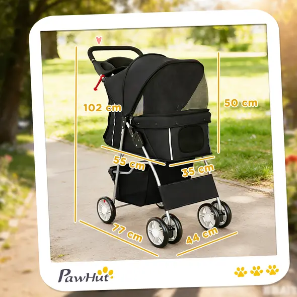 PawHut Dog Pram, Pet Stroller with Reflective Strips, Foldable Cat Stroller with 360° Swivel Wheels, Black - 3