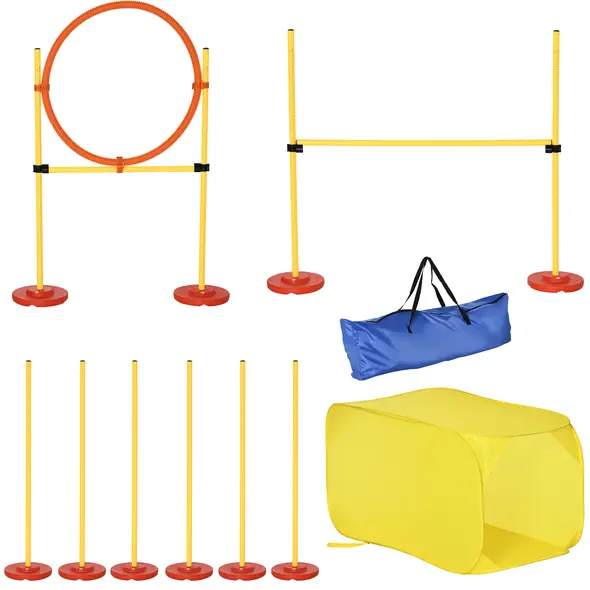 Pawhut Dog Agility Equipment Portable Pet Training Obstacle Set for Dogs 5 Pieces w/ Adjustable High Jumping Pole, Jumping Ring, Weave Poles, Tunnel - 1