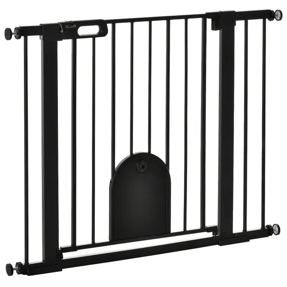 PawHut Dog Gate with Cat Flap Pet Safety Gate Barrier, Stair Pressure Fit, Auto Close, Double Locking, for Doorways, Hallways, 75-103 cm Black - 1