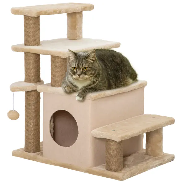 PawHut Adjustable Cat Steps, with House & Hanging Toy Ball - Beige - 1