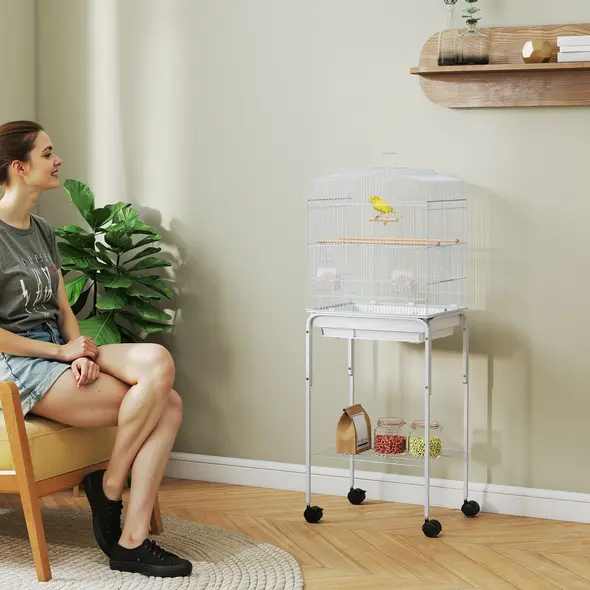 PawHut Bird Cage Budgie Cages for Finch Canary Parakeet with Stand Wheels Slide-out Tray Accessories Storage Shelf, White - 2