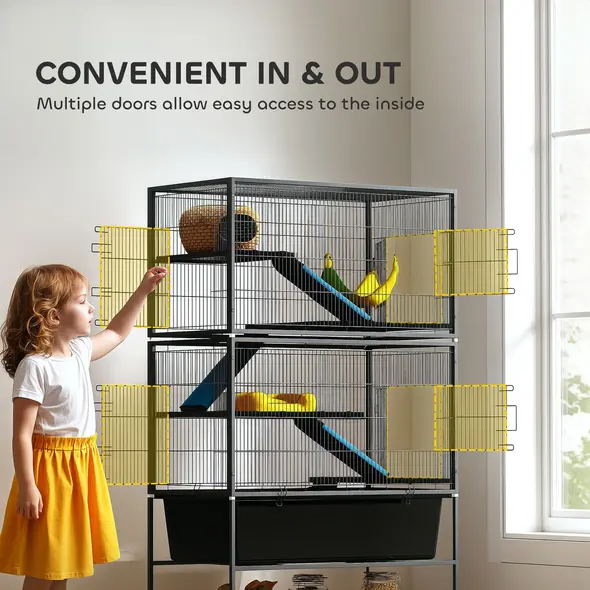 PawHut 5 Levels Rolling Small Animal Cage with Non Slip Ramps, Slide Out 16cm Deep Tray, 88 x 48 x 150.5cm, Dark Grey - 6
