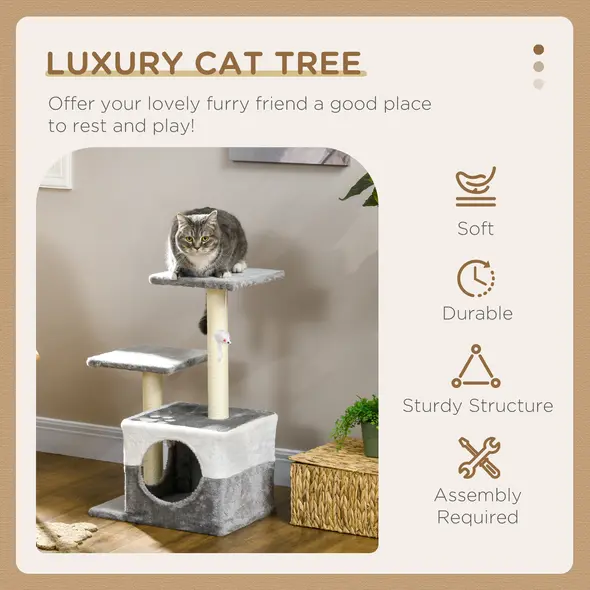 PawHut Cat Tree w/ Sisal Scratching Posts, House, Perches, Toy Mouse, Grey - 4