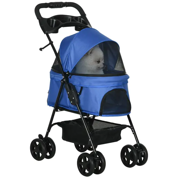 PawHut Dog Pram Dog Stroller Foldable Pet Pushchair with 4 Wheels, Safety Leashes, Cup Holder for Small Dogs, Blue - 1