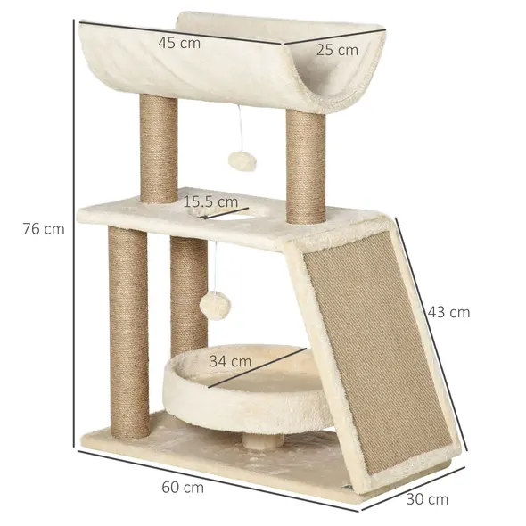 PawHut Cat Tree Tower, with Scratching Posts, Pad, Bed, Perch, Toy Ball - Light Brown - 3