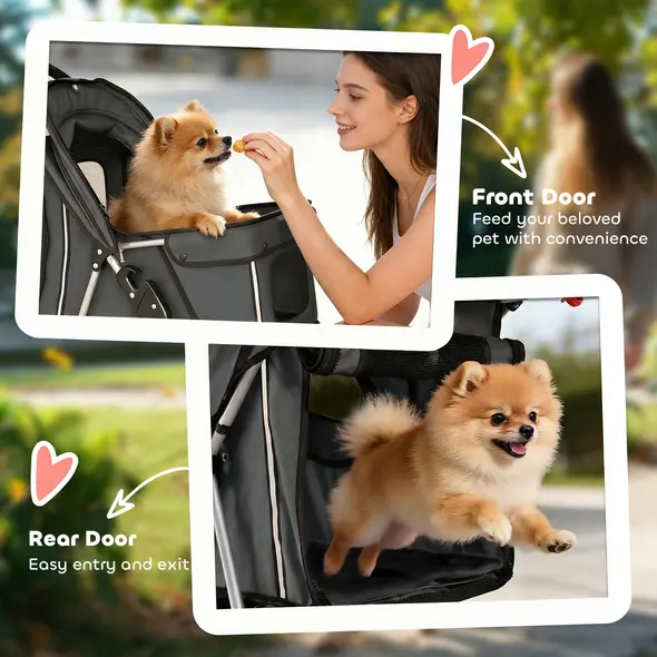 PawHut Dog Pram, Pet Stroller with Reflective Strips, Foldable Cat Stroller with 360° Swivel Wheels, Dark Grey - 7