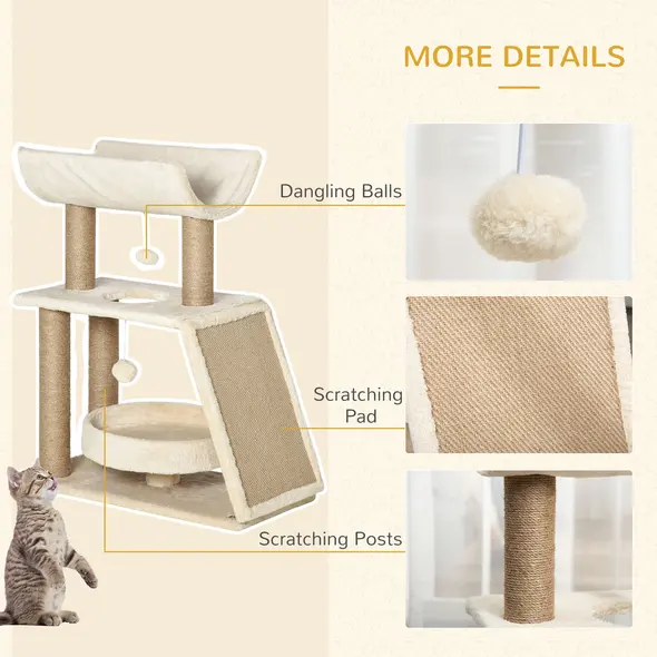 PawHut Cat Tree Tower, with Scratching Posts, Pad, Bed, Perch, Toy Ball - Light Brown - 6