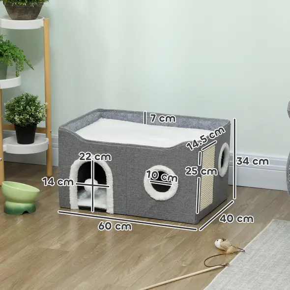 PawHut Cat Bed for Indoor Pets, Foldable Cat House with Fluffy Ball and Scratch Pad for Small and Medium Pets, Grey - 3