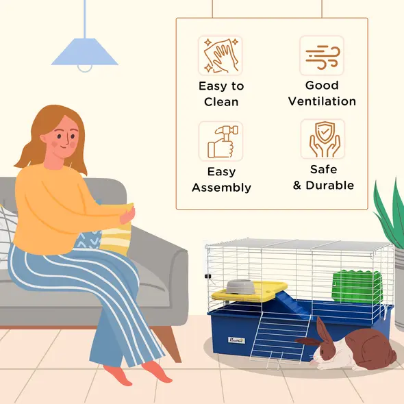 PawHut Chinchillas Small Rabbit Guinea Pig Small Animal Cage, Pet Playhouse, with Platform, Ramp, 71 x 46 x 47cm, Blue - 6