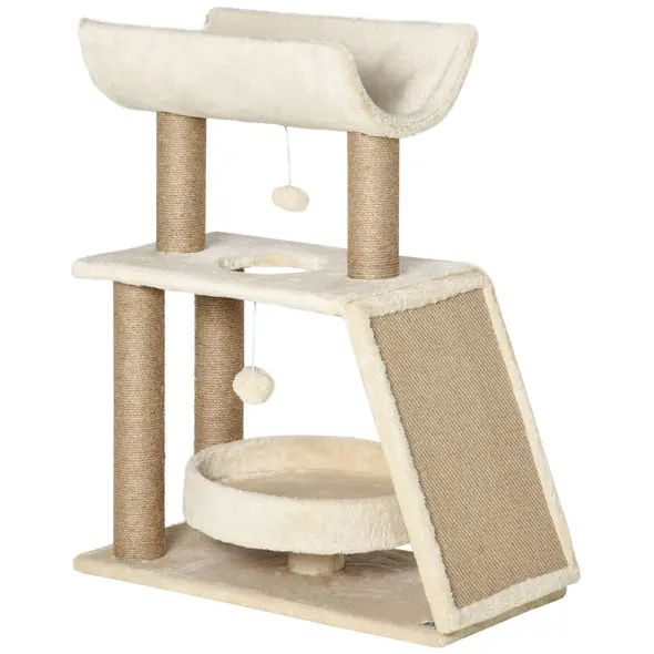 PawHut Cat Tree Tower, with Scratching Posts, Pad, Bed, Perch, Toy Ball - Light Brown - 1