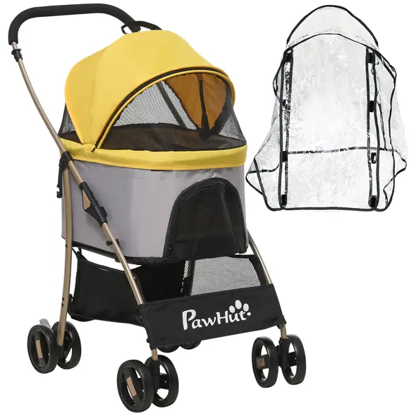 PawHut Detachable Pet Stroller with Rain Cover, 3 In 1 Cat Dog Pushchair, Foldable Carrying Bag w/ Universal Wheels, Brake, Canopy, Basket, Storage Bag for Small and Tiny Dogs - Yellow - 1