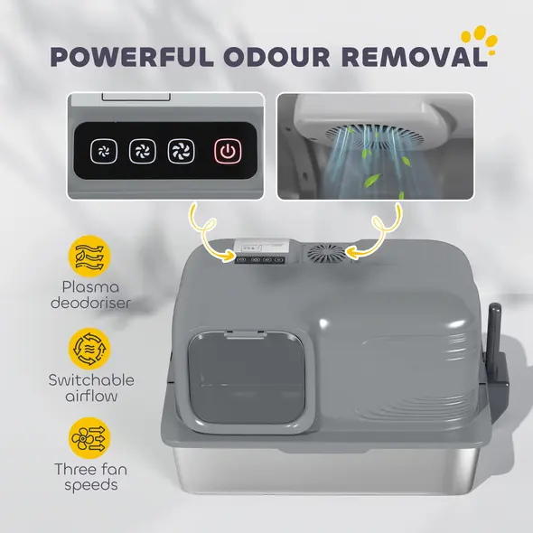 PawHut 65L Extra Large Stainless Steel Litter Tray with Plasma Deodoriser System, High Sided, Easy to Clean & Odour-Resistant - 4