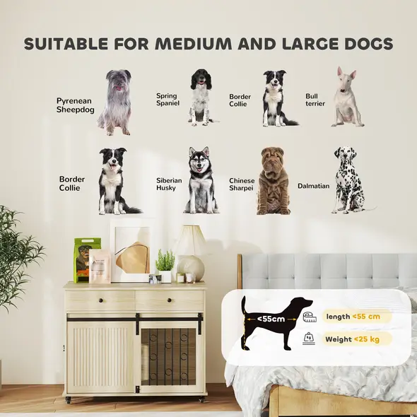 PawHut Dog Crate Furniture on Wheels, Dog Cage with 2 Drawers, Sliding Door, for Medium Large Dogs, Oak Tone - 9