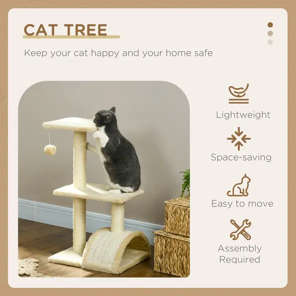 PawHut 72cm Cat Tree with Scratching Post, Pad for Indoor Cats - Cream White - 4