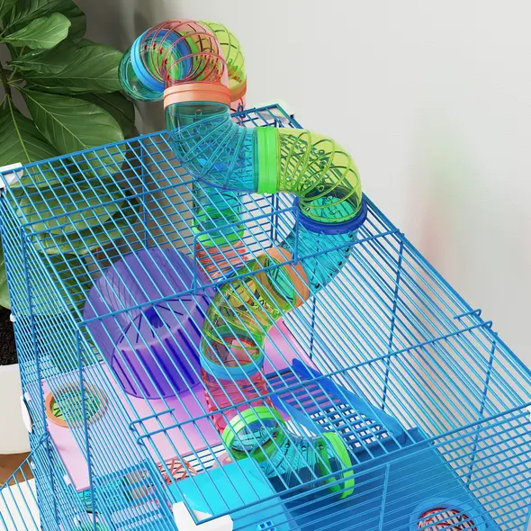 PawHut 5 Tier Hamster Cage Carrier Habitat w/ Exercise Wheels, Tunnel, Blue - 9