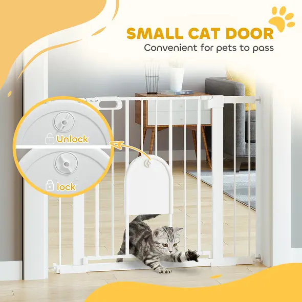 PawHut Dog Gate with Cat Flap Pet Safety Gate Barrier, Stair Pressure Fit, Auto Close, Double Locking, for Doorways, Hallways, 75-103 cm White - 6