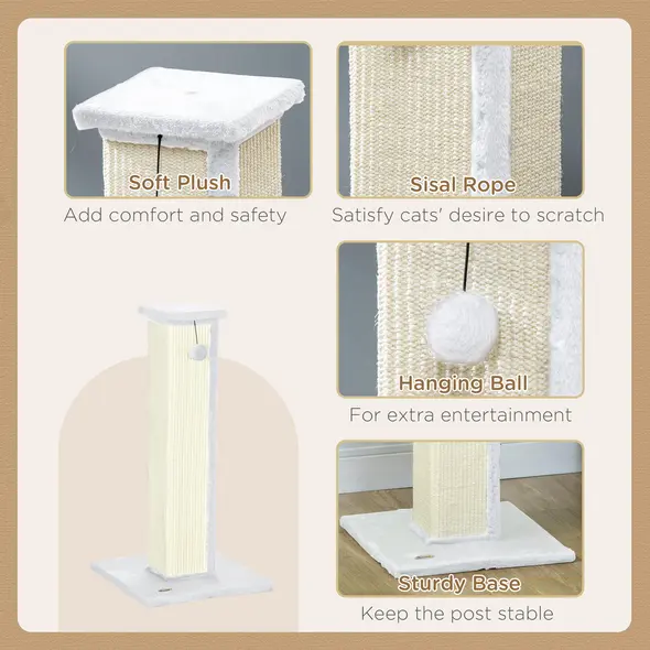 PawHut 81cm Cat Scratcher, Vertical Full Scratcher w/ Natural Sisal Rope, Hanging Ball, Soft Plush - White - 5