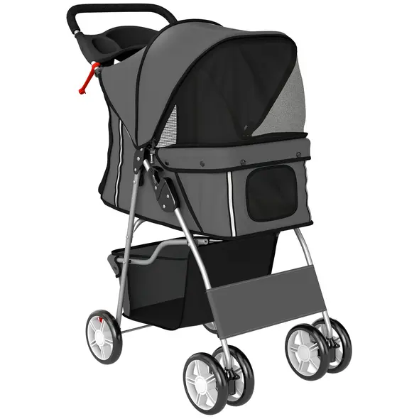 PawHut Dog Pram, Pet Stroller with Reflective Strips, Foldable Cat Stroller with 360° Swivel Wheels, Dark Grey - 1