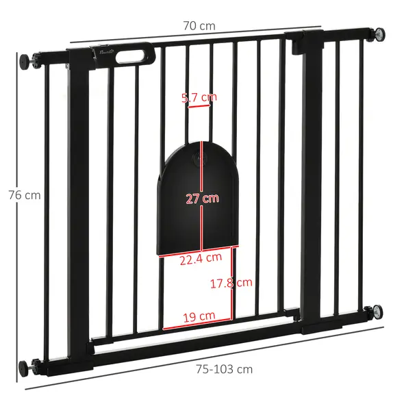 PawHut Dog Gate with Cat Flap Pet Safety Gate Barrier, Stair Pressure Fit, Auto Close, Double Locking, for Doorways, Hallways, 75-103 cm Black - 3