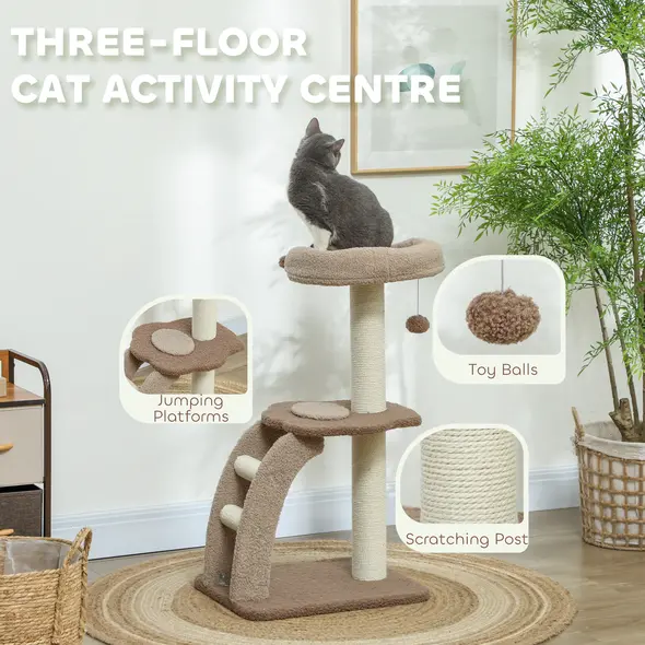 PawHut Cat Tree for Indoor Cats, 88cm Cat Tower with Sisal Scratching Post, Hanging Ball, Large Cat Perch, Stairs, Brown - 4