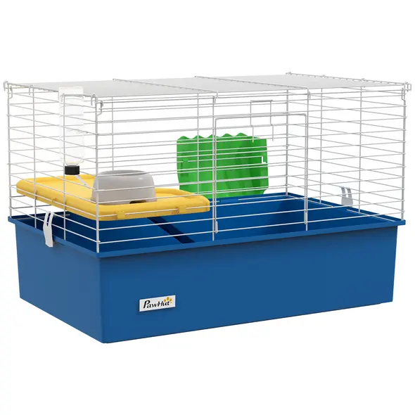 PawHut Chinchillas Small Rabbit Guinea Pig Small Animal Cage, Pet Playhouse, with Platform, Ramp, 71 x 46 x 47cm, Blue - 1
