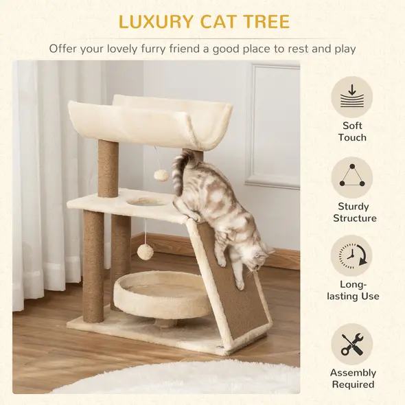 PawHut Cat Tree Tower, with Scratching Posts, Pad, Bed, Perch, Toy Ball - Light Brown - 4