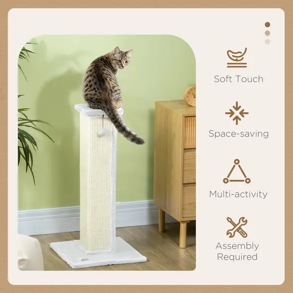 PawHut 81cm Cat Scratcher, Vertical Full Scratcher w/ Natural Sisal Rope, Hanging Ball, Soft Plush - White - 4