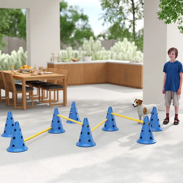 PawHut Dog Agility Equipment Set of Eight Cones, Eight Poles w/ Carry Bag, Four-Piece Adjustable Height Jumping Obstacles Blue - 9