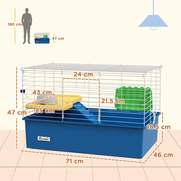 PawHut Chinchillas Small Rabbit Guinea Pig Small Animal Cage, Pet Playhouse, with Platform, Ramp, 71 x 46 x 47cm, Blue - 3