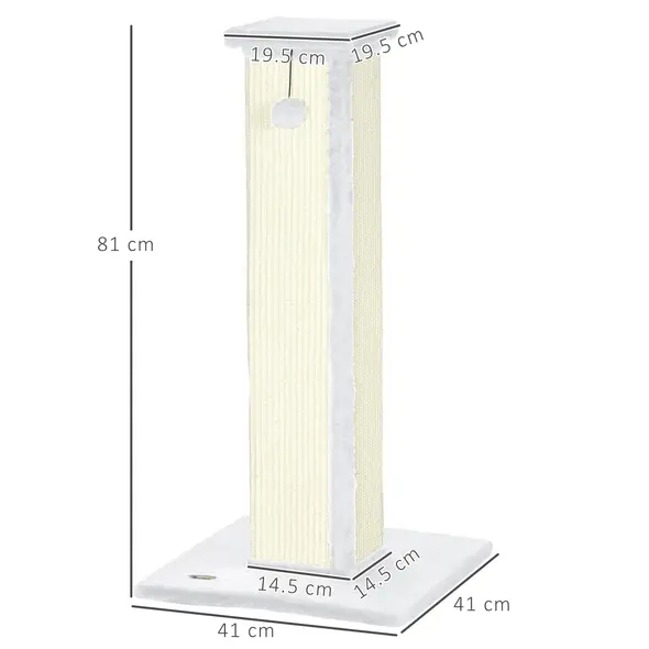 PawHut 81cm Cat Scratcher, Vertical Full Scratcher w/ Natural Sisal Rope, Hanging Ball, Soft Plush - White - 3
