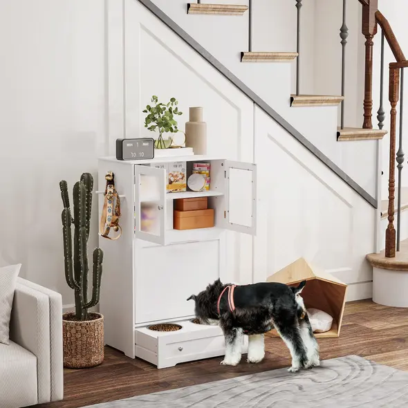 PawHut Dog Feeding Station with 2 Storage Cabinets, 2 Elevated Bowls, Side Hooks, Anti-tip Kit for Water and Feeding Supplies - 2