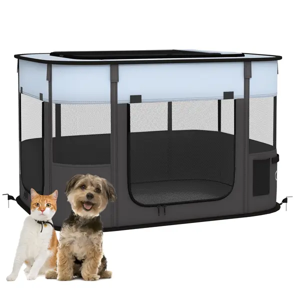 PawHut Foldable Dog Pen with Storage Bag for Indoor/Outdoor Use, Portable Pet playpen, with Ground Stakes - Grey - 1