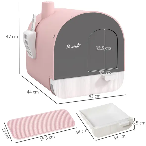 PawHut Hooded Cat Litter Box, Kitten Litter Tray, with Lid, Scoop, Filter, Flap Door, Pink - 3