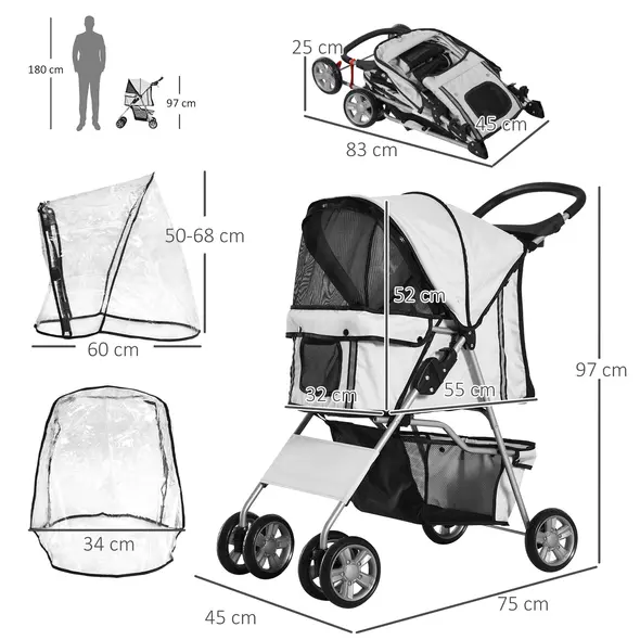 PawHut Dog Stroller with Rain Cover for Small Miniature Dogs, Folding Pet Pram with Cup Holder, Storage Basket, Reflective Strips, Grey - 3