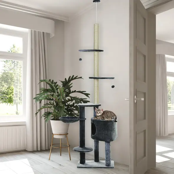 PawHut Floor to Ceiling Cat Tree for Indoor Cats Play Tower Climbing Activity Center Scratching Post Platforms Condo Adjustable Height 220-265cm Dark Grey - 2