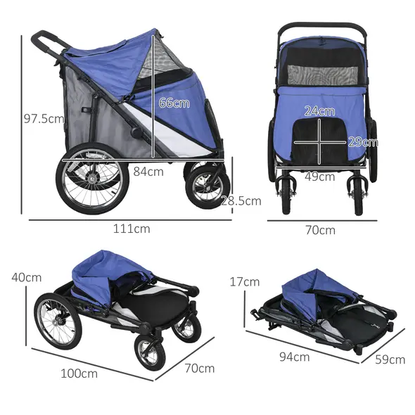 PawHut Foldable Pet Stroller, with Washable Cushion, Storage Bags, Safety Leash, for Medium, Large Dogs, Cats - Blue - 3